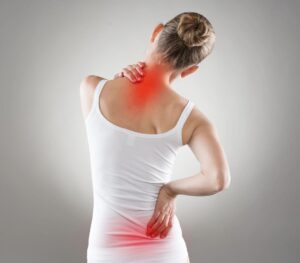 A woman's back is shown with the color red indicating she is in pain in the areas she has pressed her hands against, her neck and lower back. Back to Health in Southbury, CT